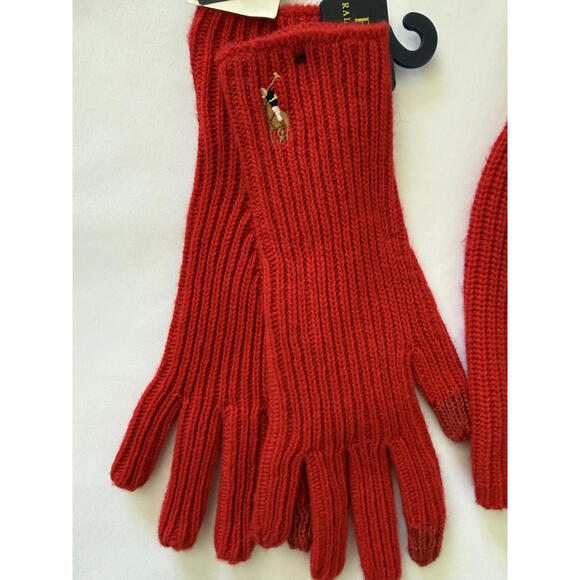 POLO RALPH LAUREN Red Knit Hat + Gloves Set, ONE SIZE, Smartphone Fingertips - Picture 4 of 7